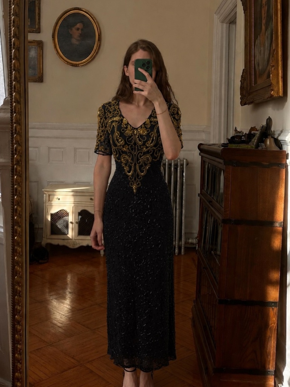 Vintage Silk Beaded Gown Maxi Floor Length Size Small Black Gold